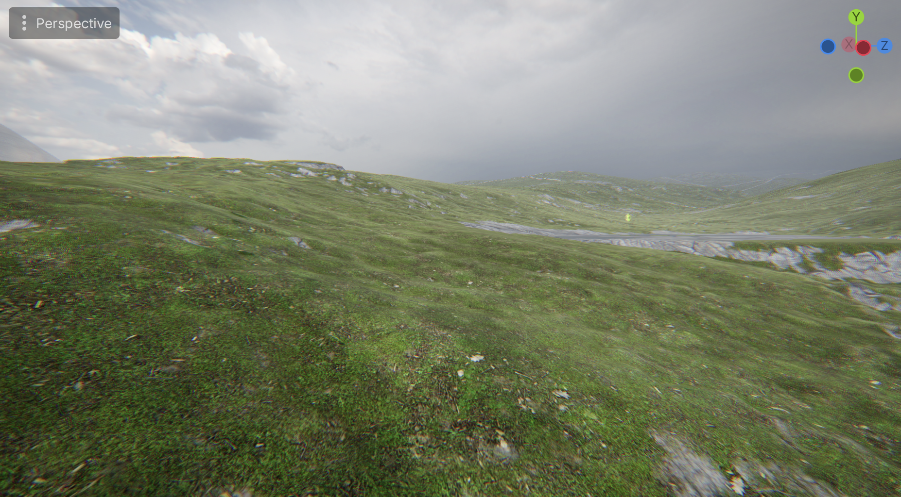 Rolling green hills with exposed rock and a distant river, rendered in the Godot editor